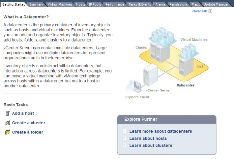 vCenter Datacenter Getting Started view