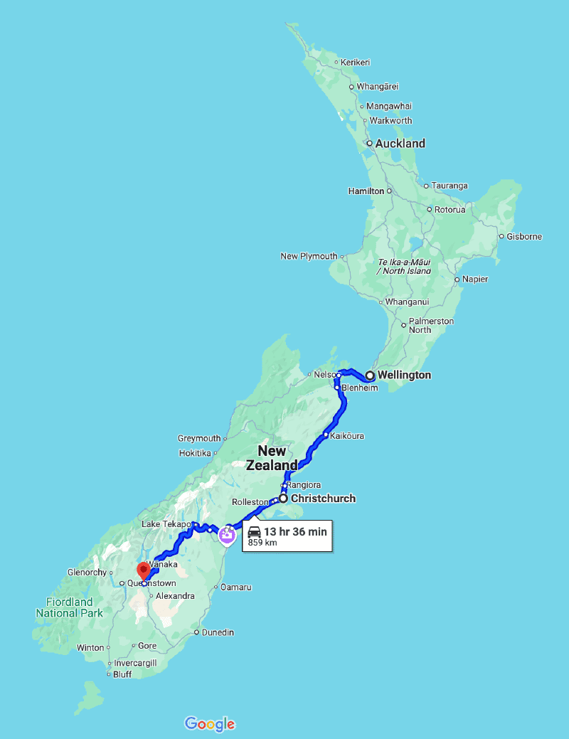 Map showing the unexpected journey of my servers from Wellington to Christchurch via Cromwell