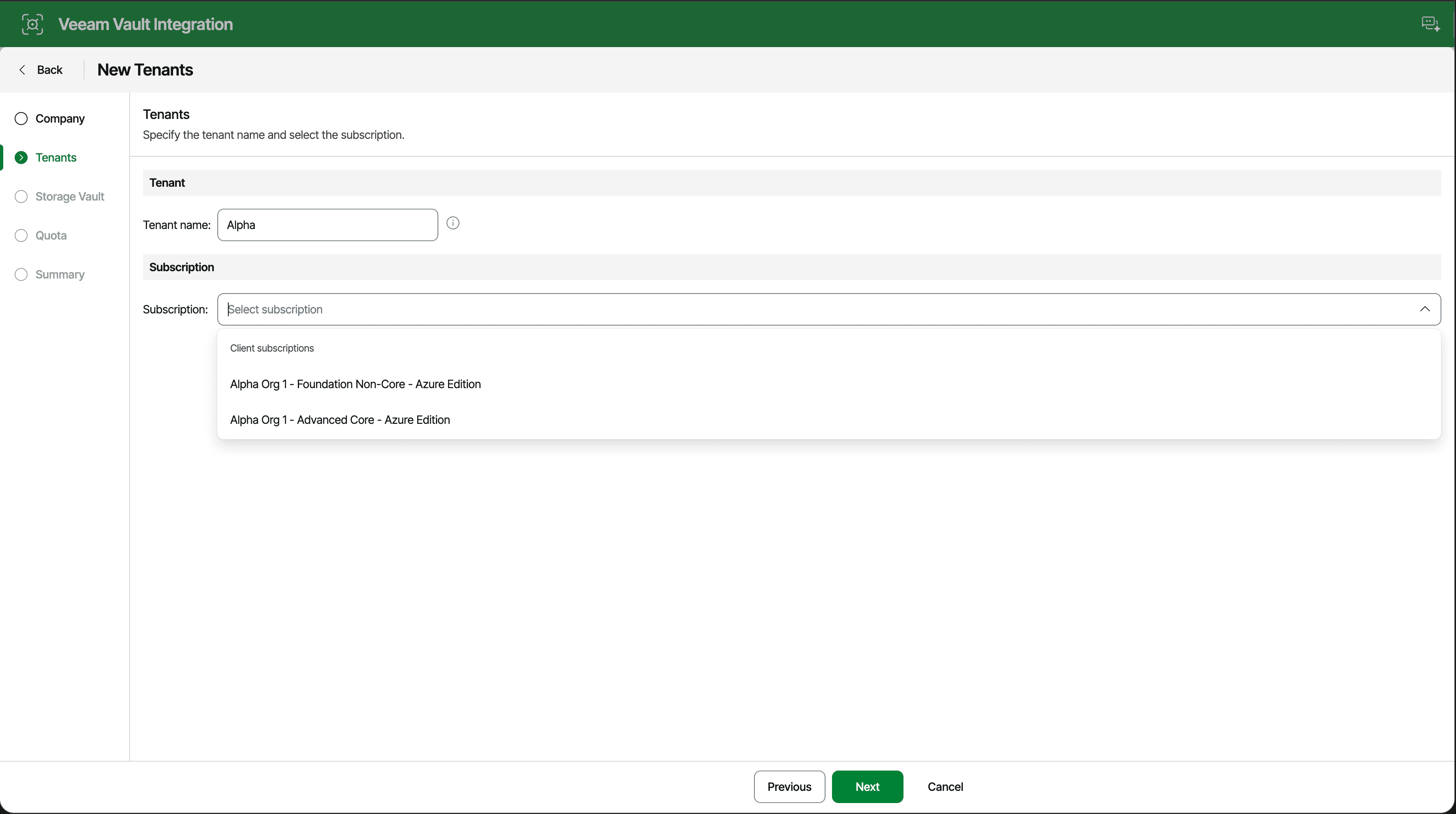 Web UI Showing available Subscriptions