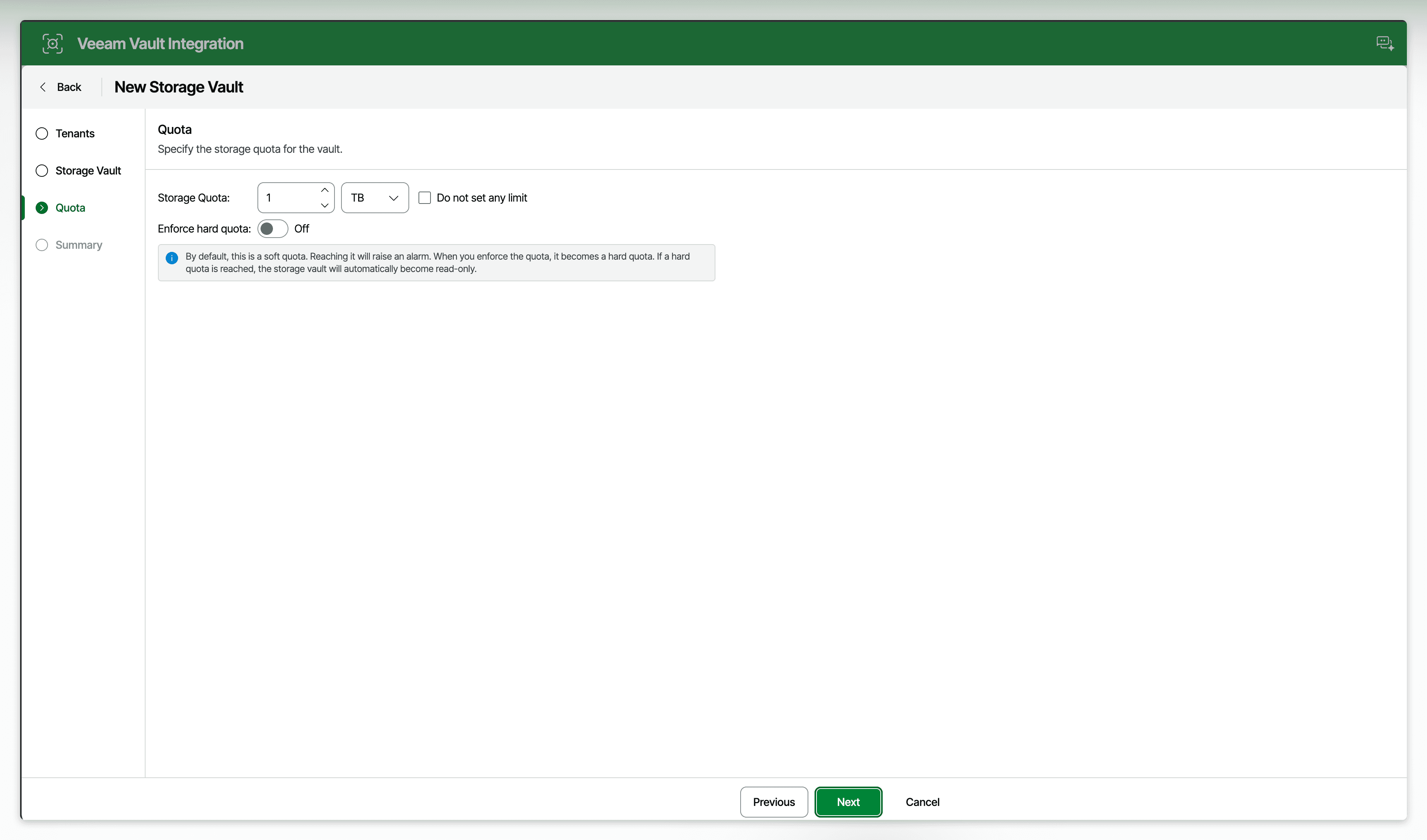 Web UI Showing Storage Vault Creation Storage Limit
