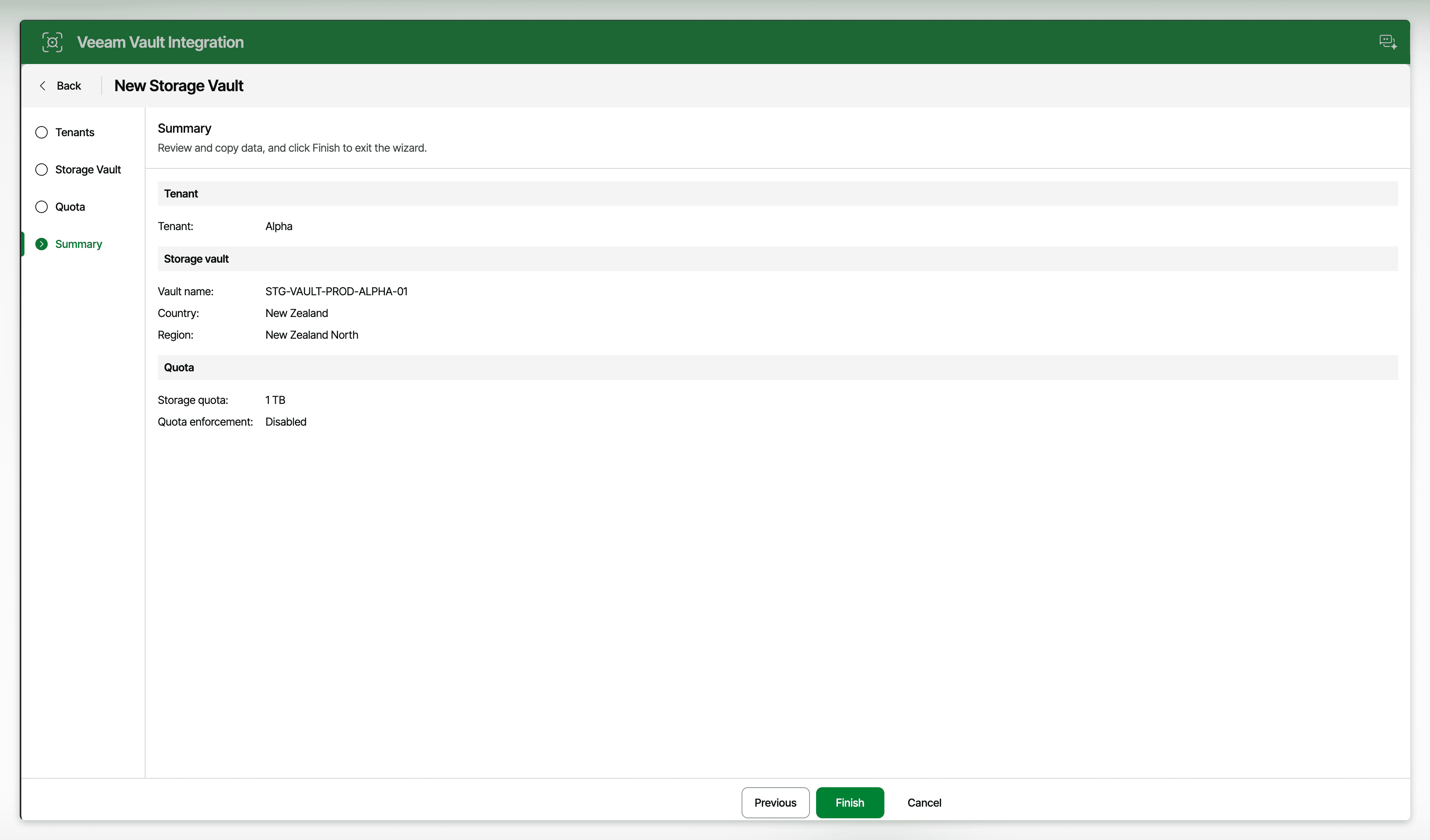 Web UI Showing Storage Vault Creation Summary
